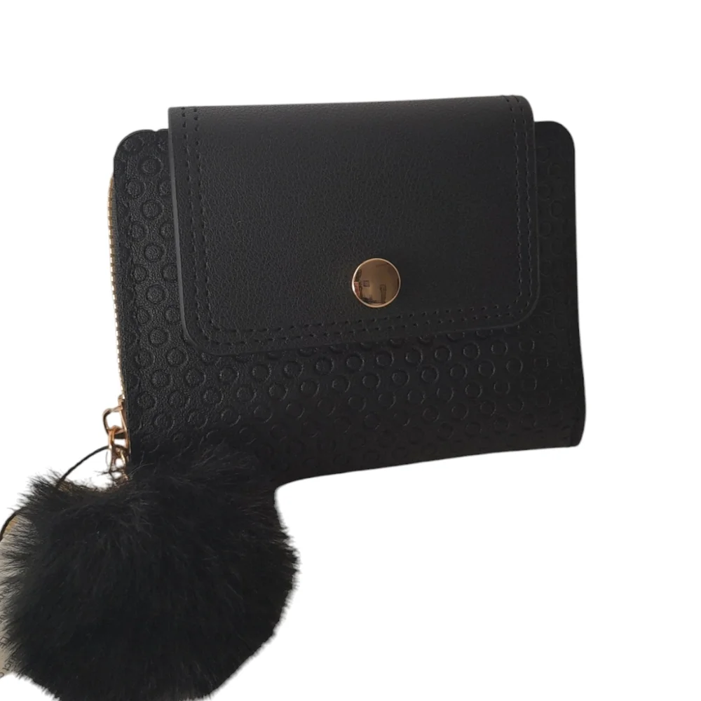 JOLENE COUTURE Black Zippy Wallet with Pom Pom